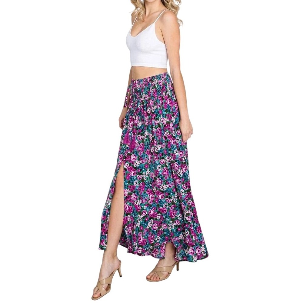 EESOME Smocked Maxi Skirt Pink Purple Medium Print Button Front High Slit Tassel
